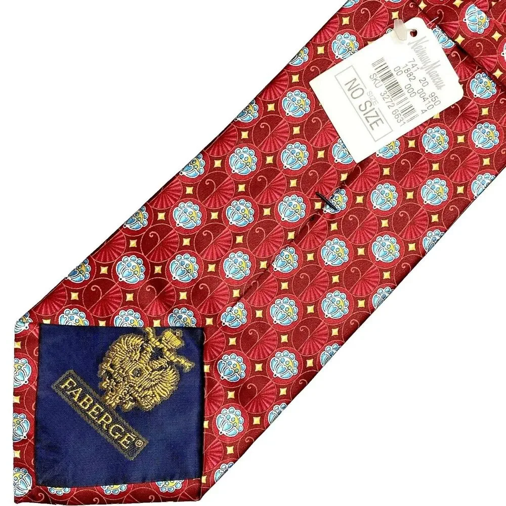Faberge Silk Tie Vintage Neiman Marcus Floral Fan USA XL X-Long Red Blue NWT